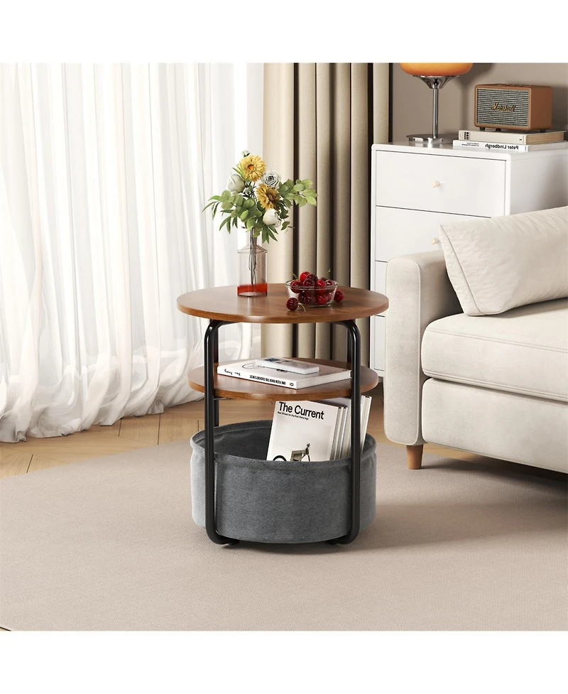 homfan 3-Tier Round Computer Desk , 23.6" Metal Frame ,Fabric Storage ,Bedside Table for Bedroom, Living Room, Office Space-Saving