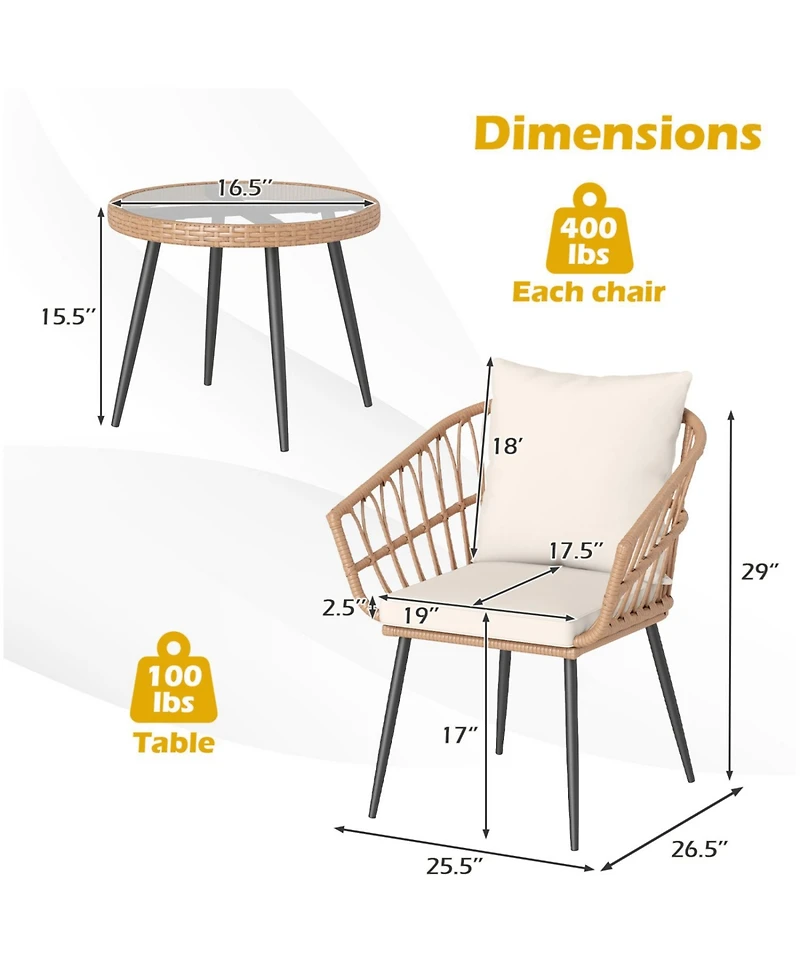 Slickblue 3 Piece Patio Bistro Set with Pe Rattan Chairs and Glass Coffee Table