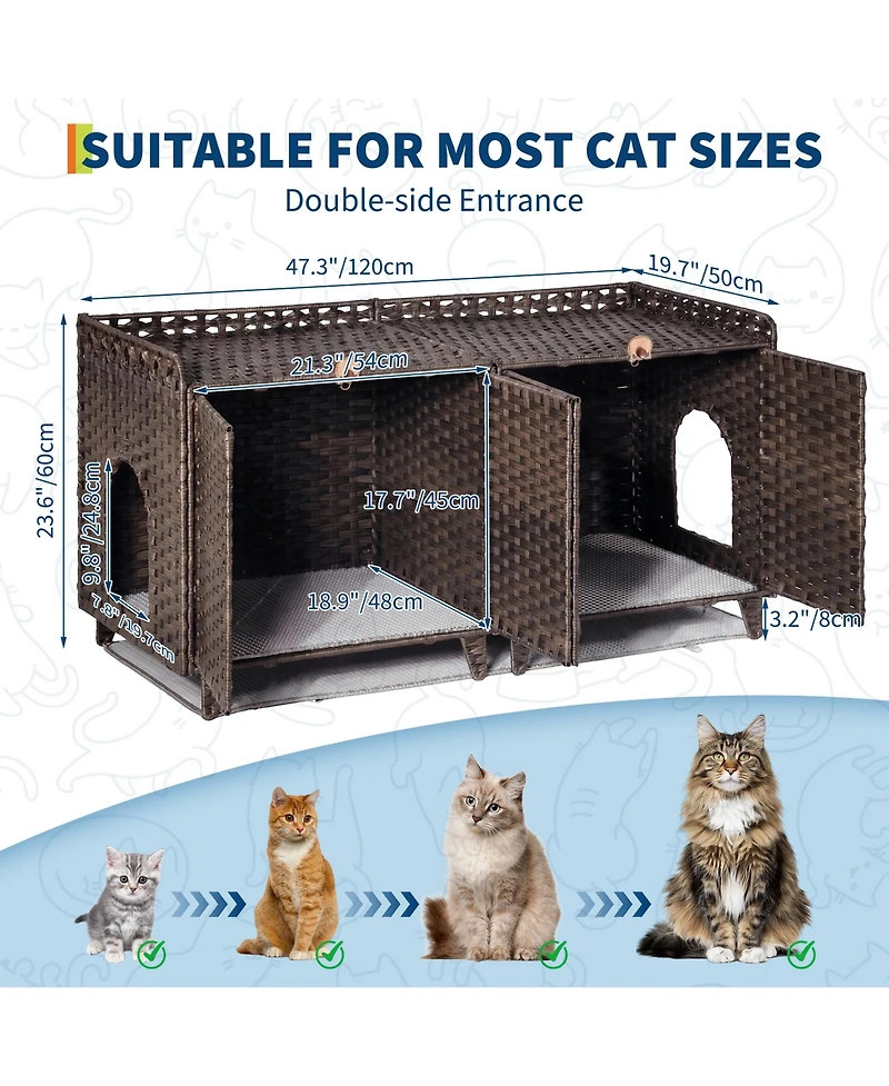 homfan Rattan Cat Litter Box Enclosure for 2 Cats – Large Hidden Furniture with Doors, Mat and Hooks, Double Cabinet