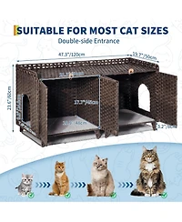 homfan Rattan Cat Litter Box Enclosure for 2 Cats – Large Hidden Furniture with Doors, Mat and Hooks, Double Cabinet