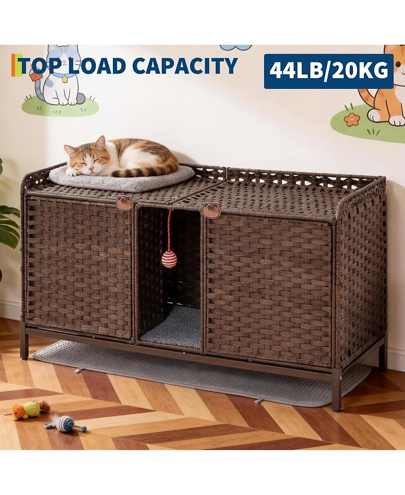 homfan Rattan Cat Litter Box Enclosure – Handwoven Hidden Washroom Cabinet with Door, Mat and S-Hooks, Spacious Dual-Room Furniture