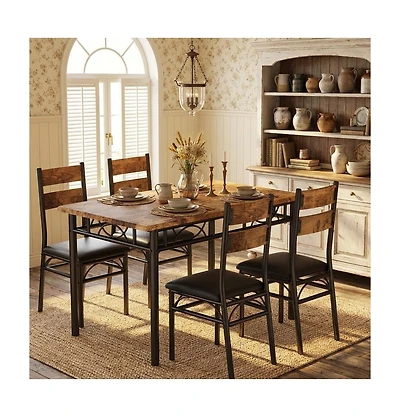 homfan 5-Piece Dining Table Set for 4, Industrial Rectangular Kitchen Table with 4 Upholstered Chairs, Metal Frame