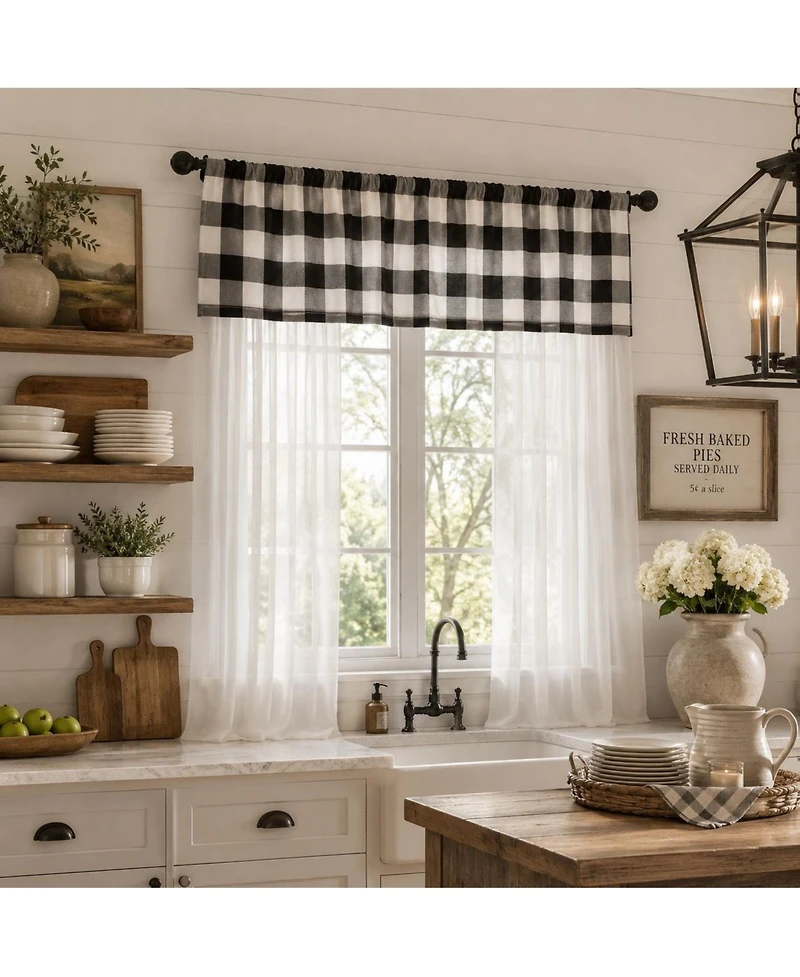 Kate Aurora 3 Piece Country Farmhouse Buffalo Plaid Sheer Curtains And Valance Set