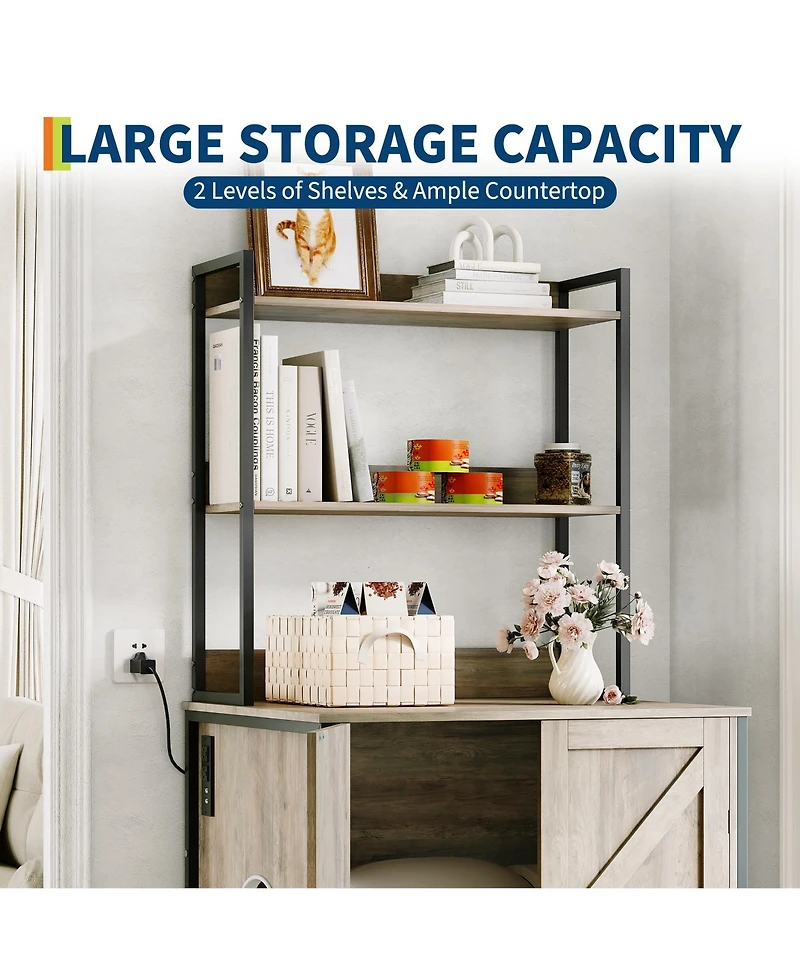 homfan Farmhouse Cat Litter Box Enclosure Cabinet – 70" Tall Hidden Furniture with Charging Station, Storage Shelves, Magnetic Lock Doors