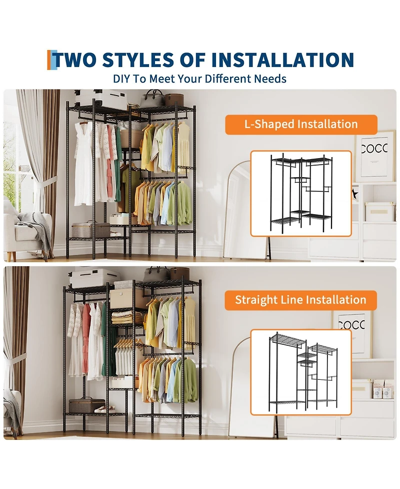 homfan Heavy Duty Metal Garment Rack – Freestanding Storage Shelf and Adjustable Shelves and Hanging Rods – 1000 lb Cap – for Closet, Wardrobe