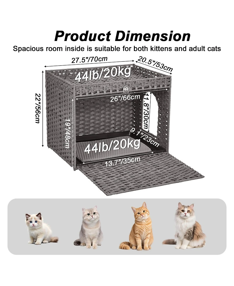homfan Rattan Cat Litter Box Cabinet – Large Hidden Enclosure with Mat and Barrier, Handwoven Boho Style Furniture with Lightweight Metal Frame