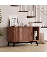 homfan Cat Litter Box End Table - 39" Hidden House Enclosure with Sliding Door, Mat, Multi-Functional Wooden Pet Cabinet for Living Room