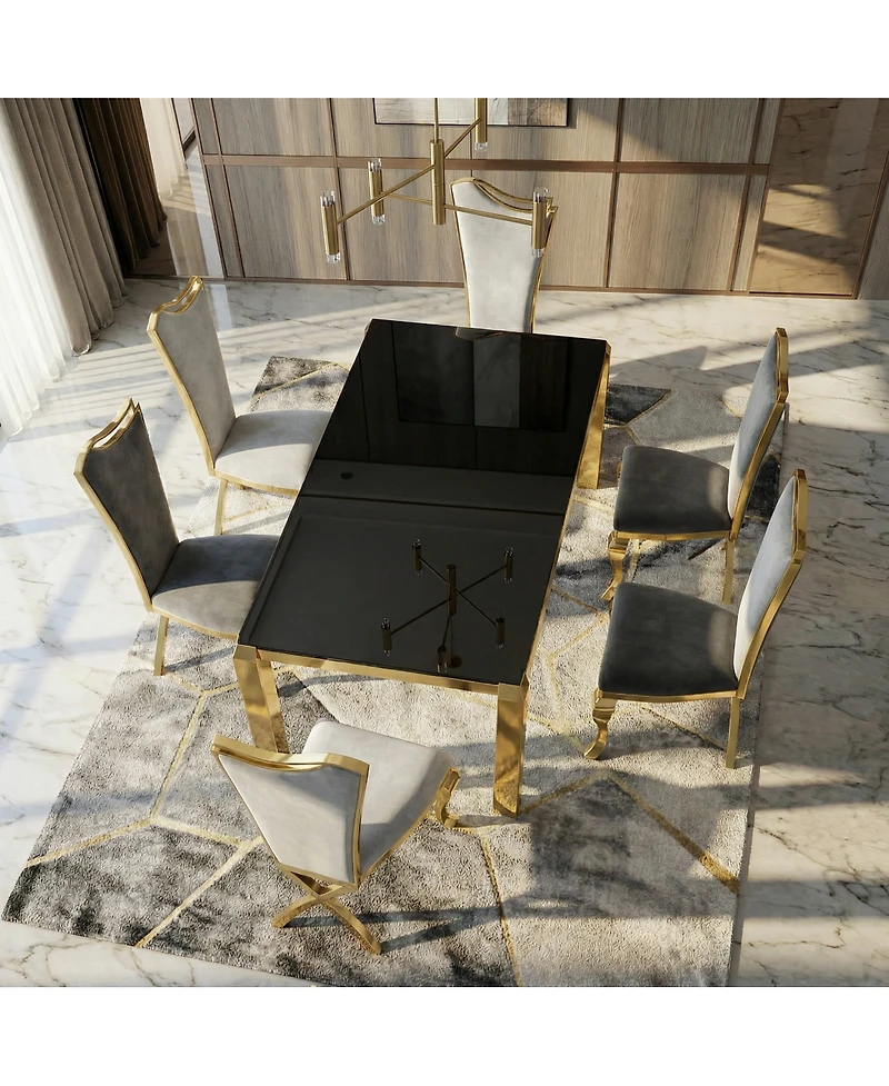 Streamdale Furniture Luxury Gold 63" Modern Dining Table with Tempered Glass - Seats 6
