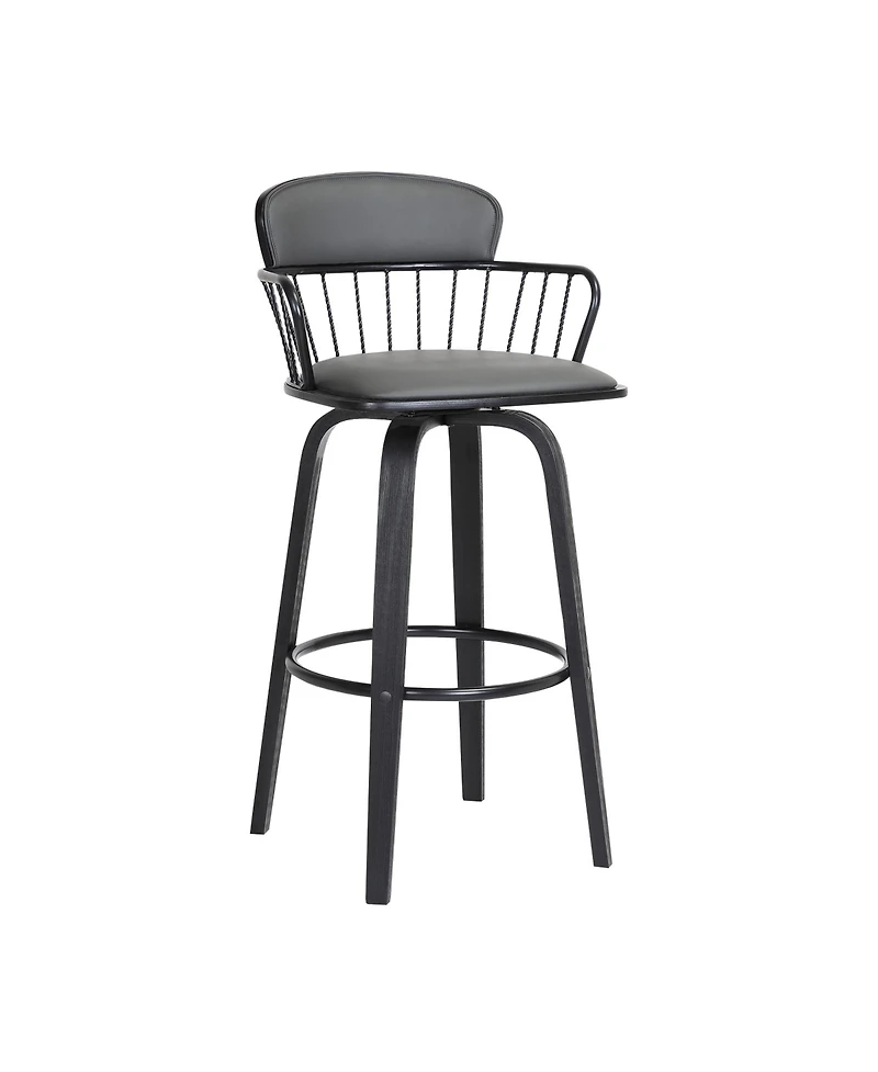 Clihome Leather Bar Stool with Metal Backrest, Industrial Swivel Counter Height Chair, Distressed Wood Leg Kitchen Island Stool
