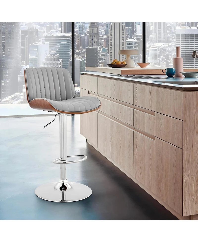 Clihome Leather Adjustable Bar Stool with Wood Trim, Modern Swivel Counter Height Chair, Kitchen Stool