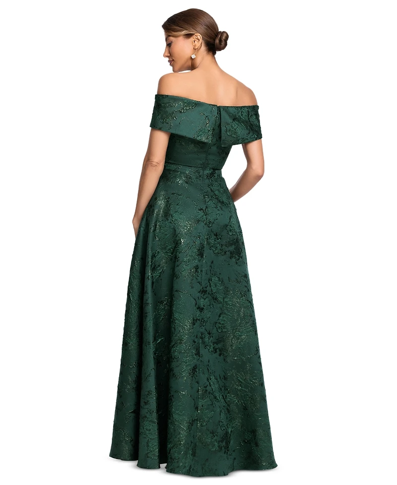 Xscape Women's Printed Brocade Off-the-Shoulder Gown