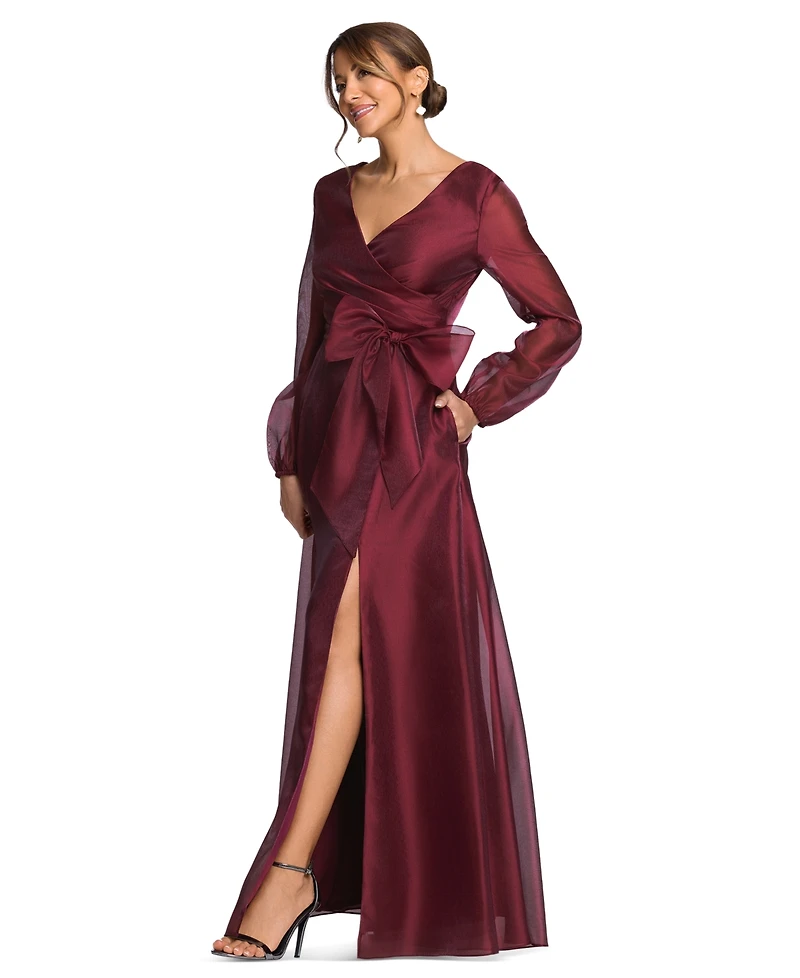 Xscape Women's Metallic Organza Long Sleeve Bow Gown