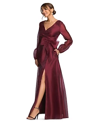 Xscape Women's Metallic Organza Long Sleeve Bow Gown