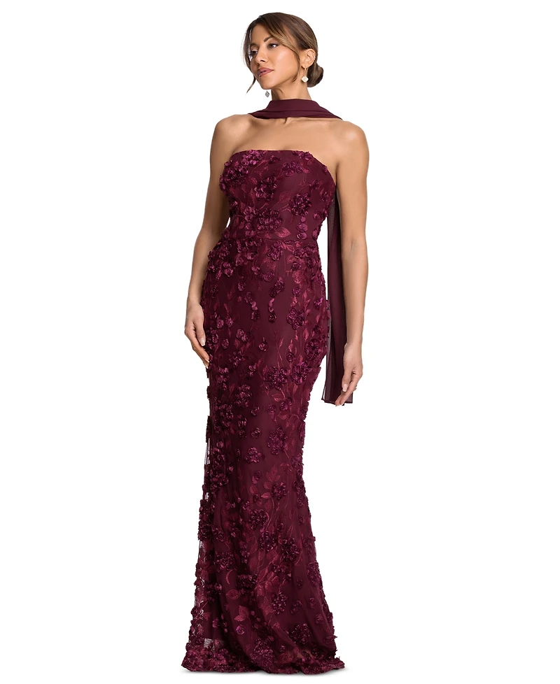 Xscape Women's Power Mesh Strapless Scarf Gown