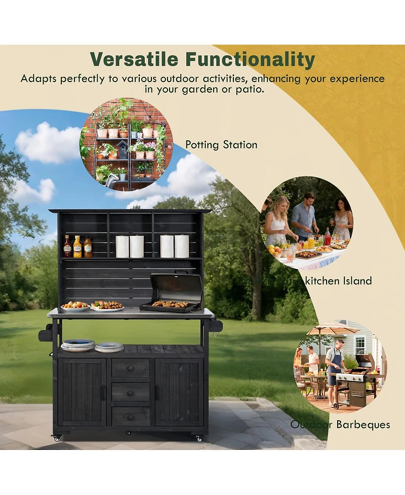Streamdale Furniture 65"H Large Garden Potting Bench With Stainless Steel Top And Lockable Wheels