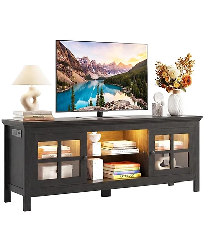 Aheaplus 55" Tv Stand with Charging Station and Led Lights, Glass Display Cabinet Shelves