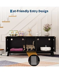 homfan Wooden Cat Litter Box Enclosure – 59" Dual-Room Hidden Furniture with Mat, Indoor Pet House, Tv Stand Side Table, for 2 Cats