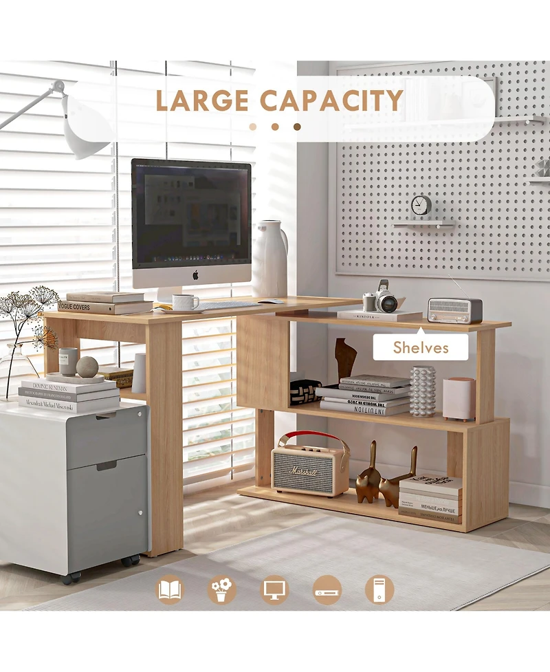 Homcom L Shaped Corner Desk, 360 Degree Rotating Home Office Desk with Storage Shelves, Writing Table Workstation, Maple
