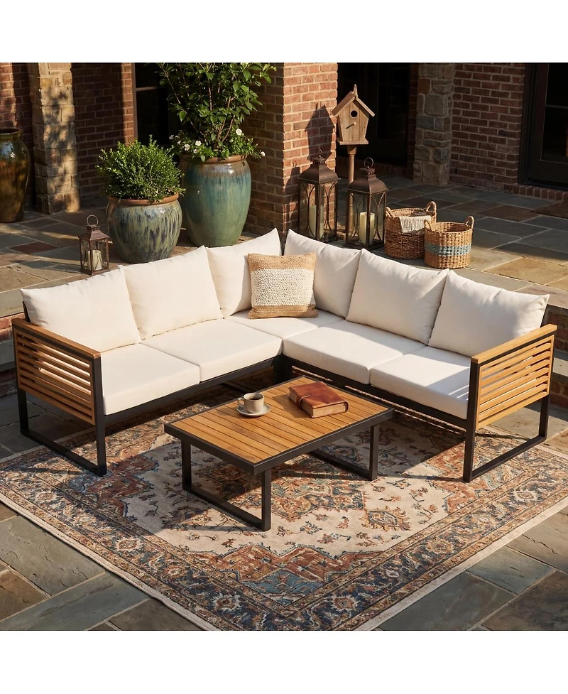 Streamdale Furniture Outdoor 4pc Acacia Wood and Metal Patio Sofa Corner Set