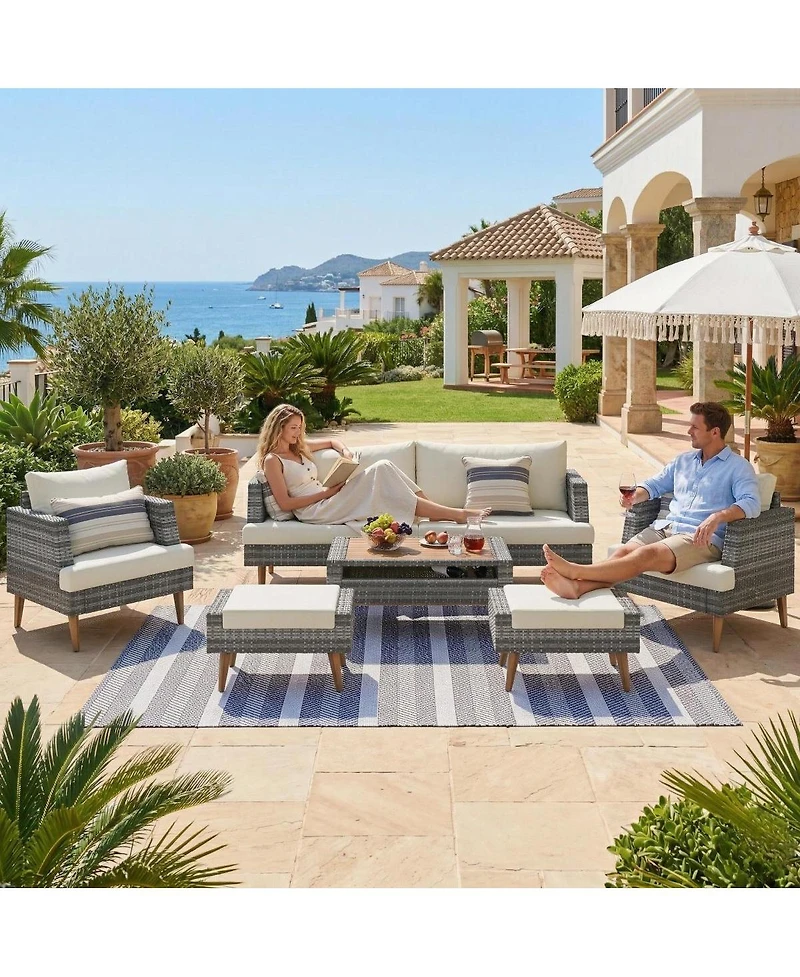 Streamdale Furniture 6-Piece All-Weather Pe Wicker Outdoor Sofa Set with Wood Table