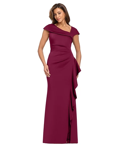 Xscape Petite Asymmetrical Neck Scuba Ruffle Sheath Gown