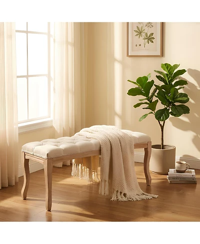 Maison Boucle End of Bed Bench for Bedroom, French Vintage Tufted Bench, 43.3" Linen Upholstered Ottoman Seat, Solid Wood Fluted Legs