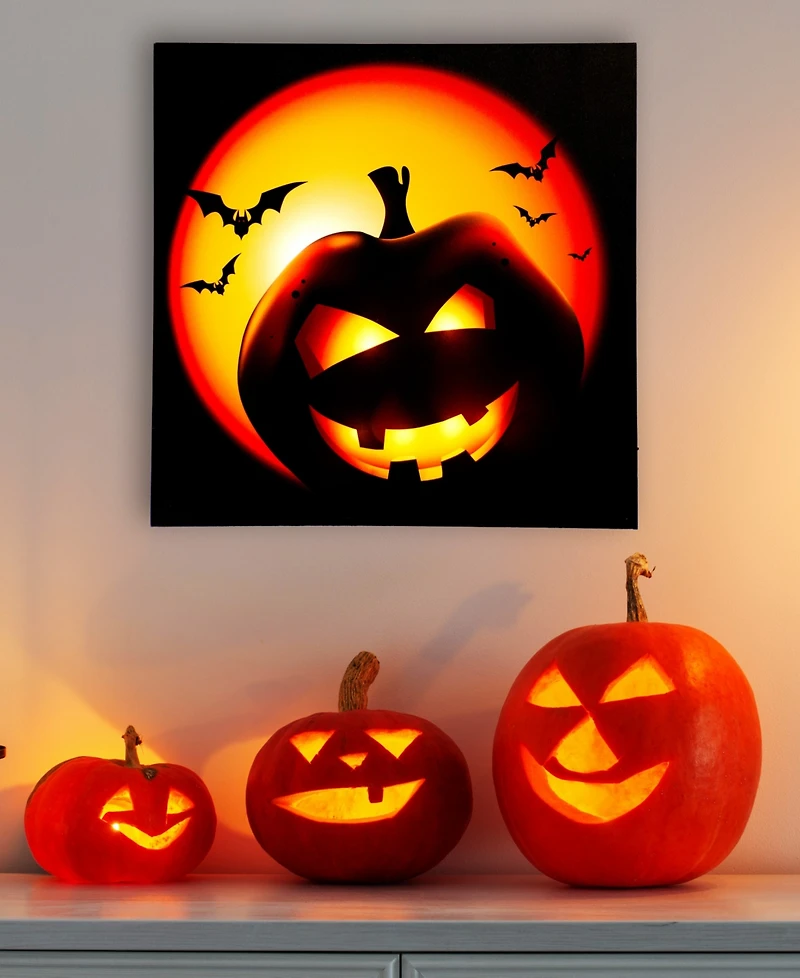 Led Lighted Bats and Jack-o-Lantern Halloween Canvas Wall Art, 19.75" x 19.75"