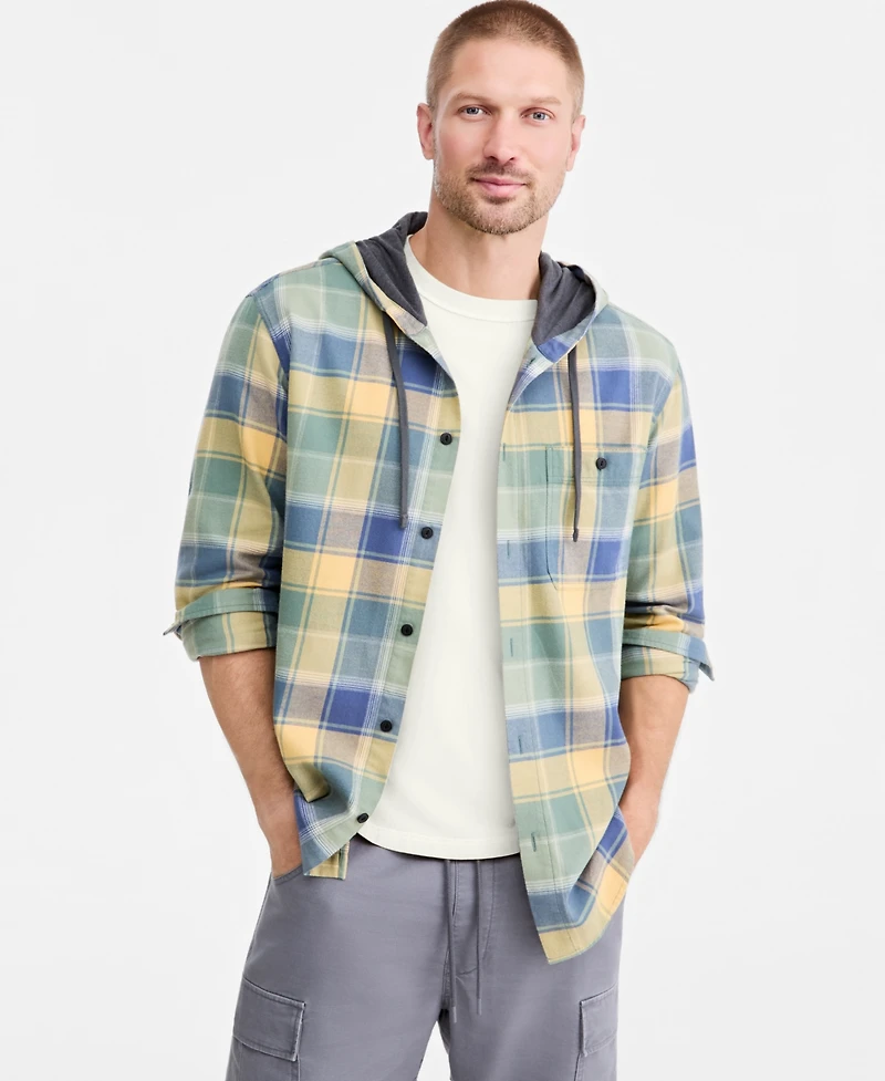 Sun + Stone Men's Manny Hooded Classic-Fit Flannel Shirt, Macy's Exclusive