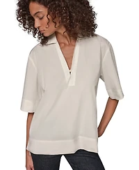 Donna Karan Weekend Women's Poplin V-Neck Collared Top