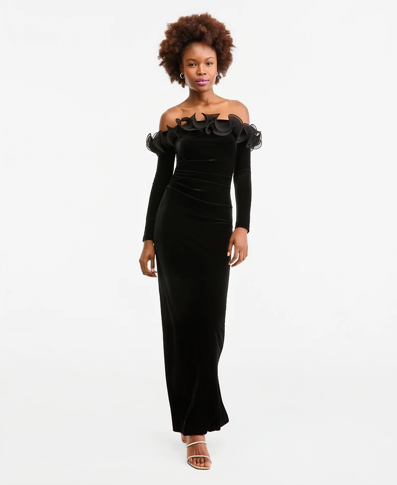Xscape Women's Off-the-Shoulder Velvet Ruffled Gown