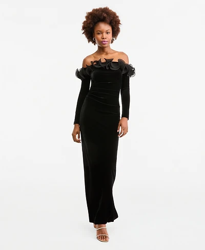 Xscape Women's Off-the-Shoulder Velvet Ruffled Gown
