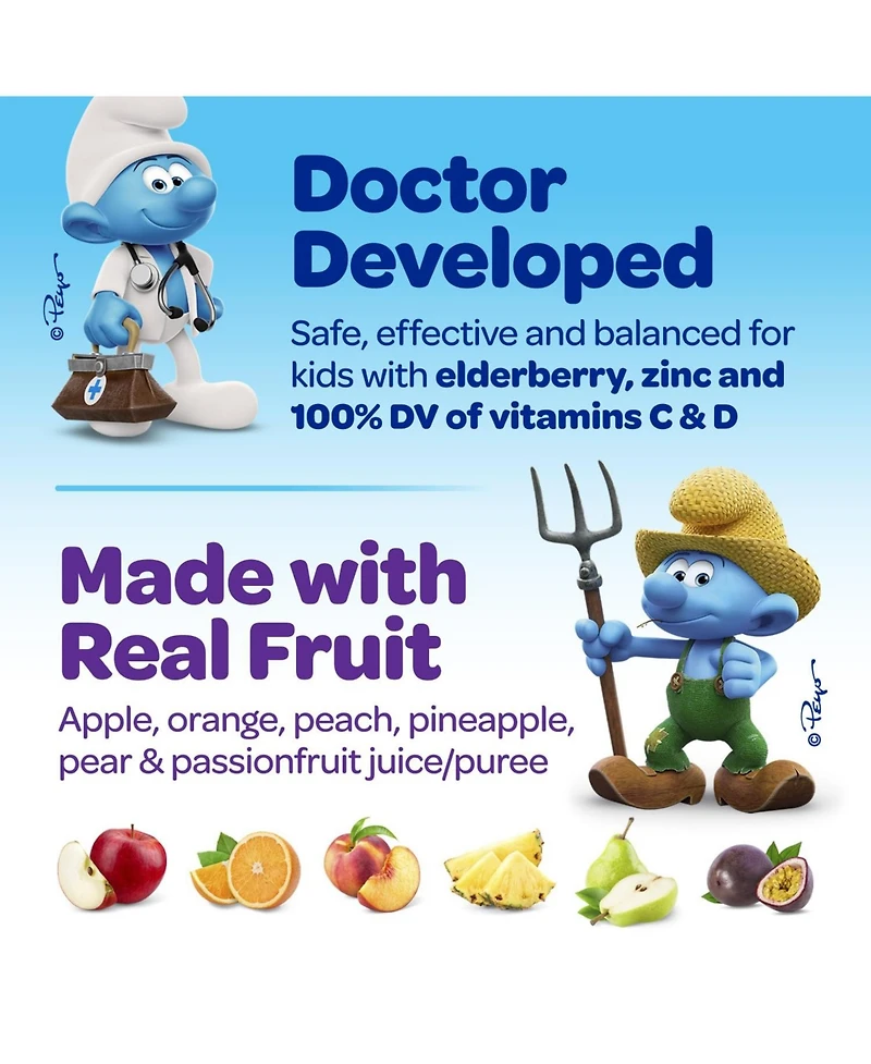 Smurfs Immune Defense Kids Vitamin Gummies, Elderberry, Zinc, Vitamin C & Vitamin D Berry Flavored, 40ct