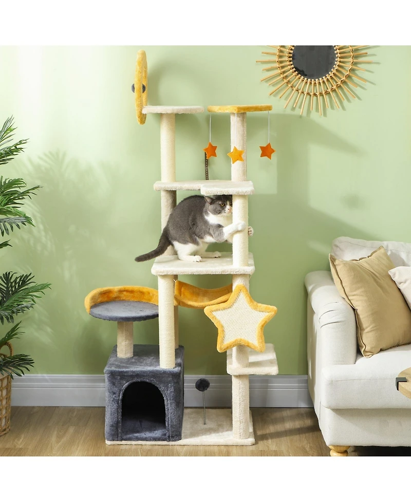 Ruie 63 Inch Moon and Star Cat Tree with Condo Hammock and Scratching Post