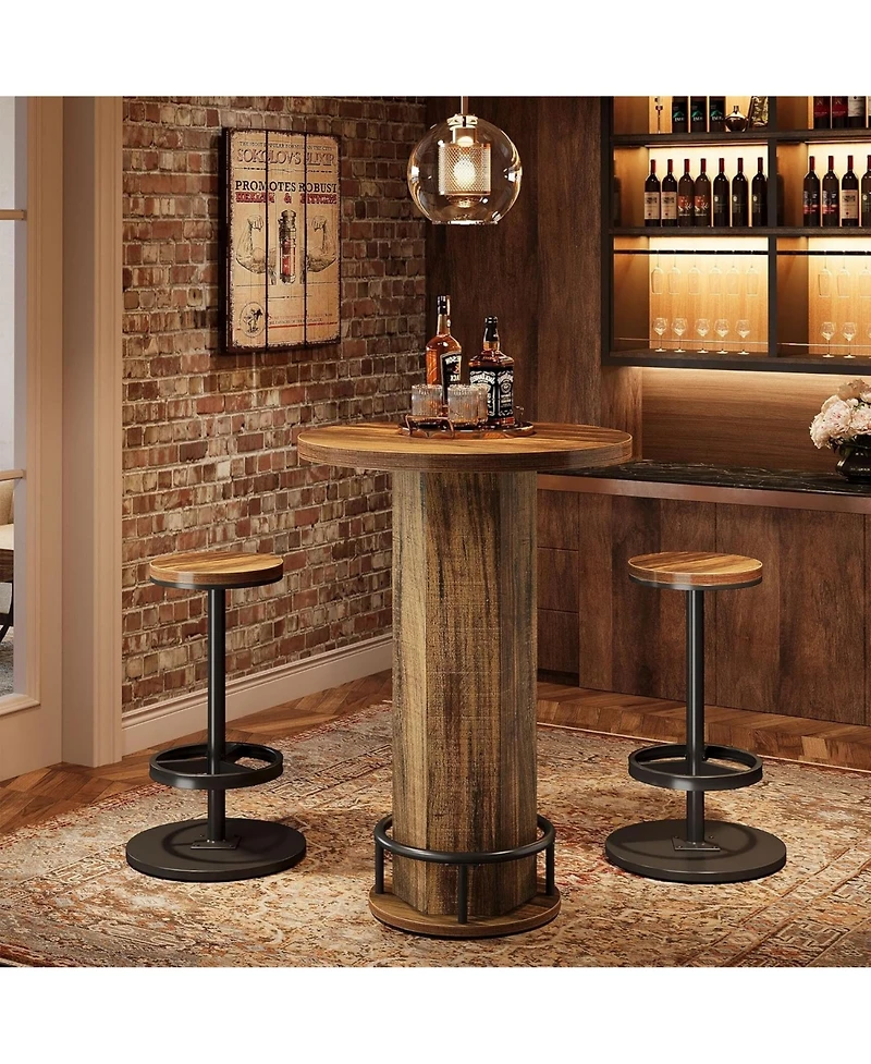 Yiortwo Round Bar Table Set with 2 Matching Bar Stools Rustic Wood and Metal Bistro Pub Furniture