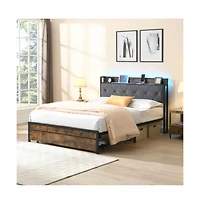 Lucky One Queen Size Platform Bed Frame with Upholstered Headboard, Led Lights, Usb Outlets, 2 Storage Drawers, No Box Spring Needed