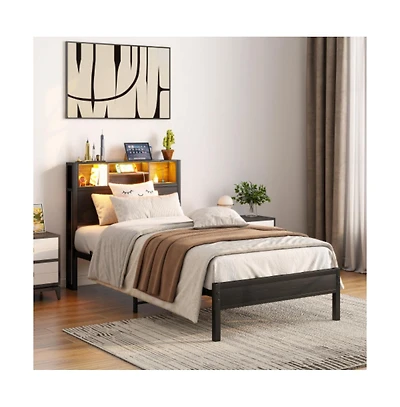 Lucky One Twin Size Bed Frame with Storage Headboard, Charging Station, Bookcase, Led Lights, Metal Platform, No Box Spring Needed
