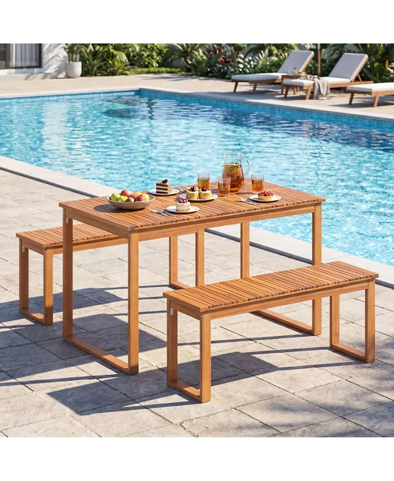 Yiortwo 3 Piece Acacia Wood Patio Dining Set with Table and 2 Benches Seats 4 for Garden Yard Poolside