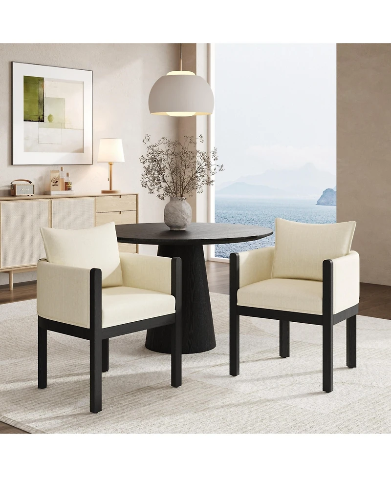 Boyel Living 2-Piece Linen Dining Armchairs, Natural Rubberwood Legs, Modern Farmhouse Kitchen Chairs