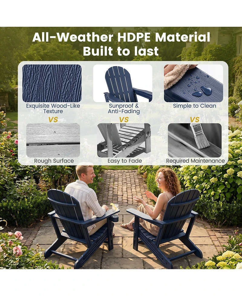 Gymax Adirondack Chair Hdpe All-Weather Fire Pit Chair with Cup Holder and Wooden Texture
