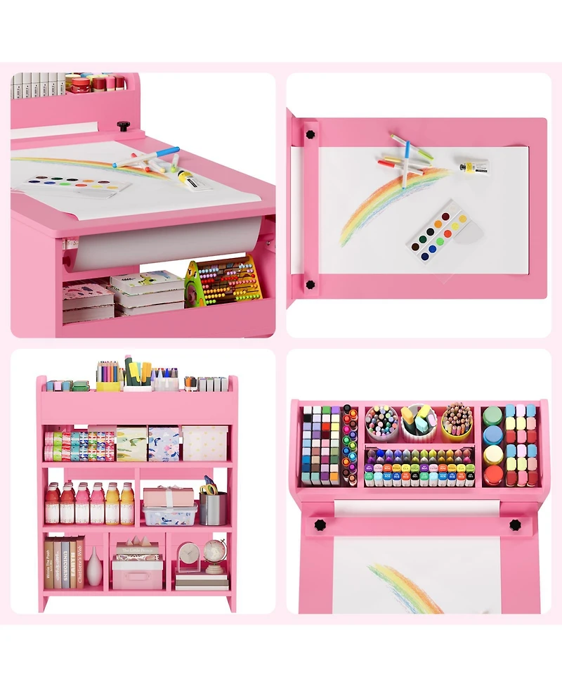 homfan Multi Functional Kids Art Table and 2 Chairs Set, Wooden Craft Desk with Large Storage Shelves for Drawing, Learning Activities