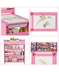 homfan Multi Functional Kids Art Table and 2 Chairs Set, Wooden Craft Desk with Large Storage Shelves for Drawing, Learning Activities