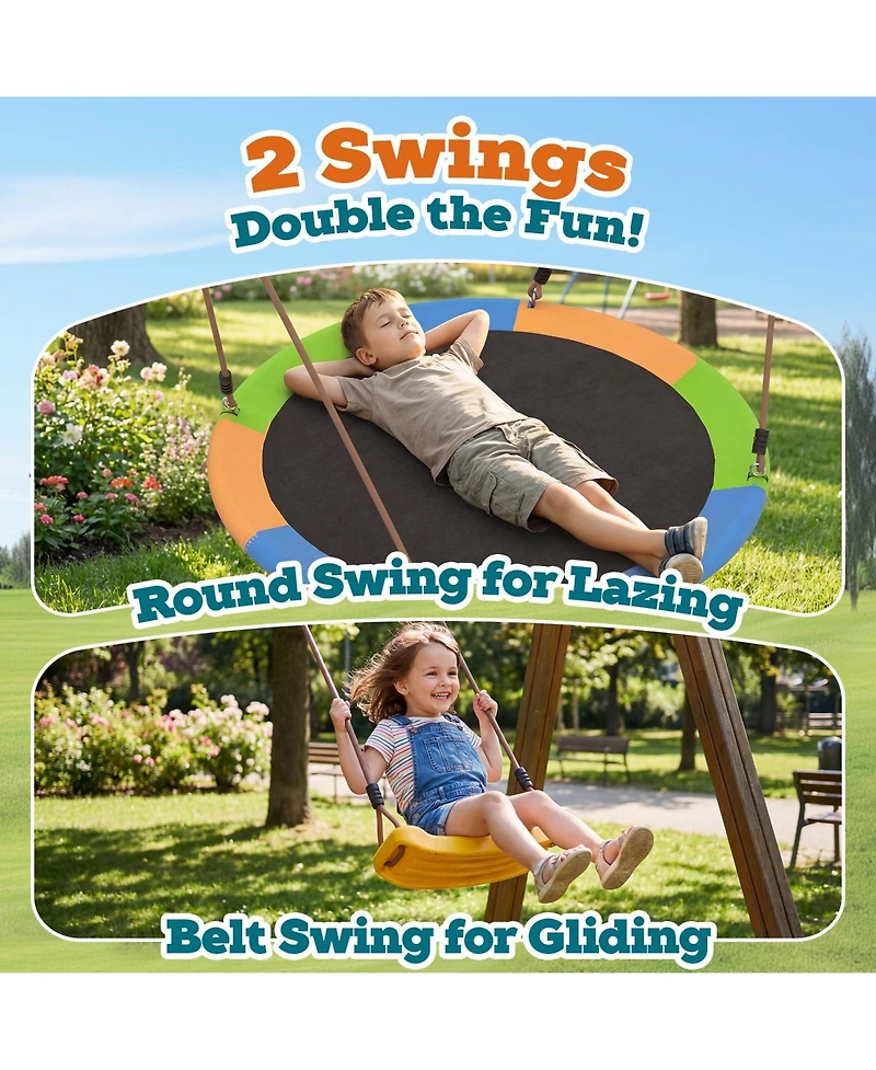homfan Swing Set for Backyard, Kids Outdoor Playhouse Equipment with Turbo Tube Slide and Basketball Hoop