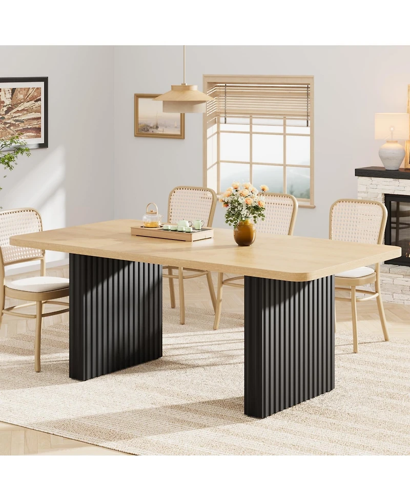 homfan 71-Inch Farmhouse Dining Table for 6-8, Wood Top with Black Fluted Wave Metal Legs