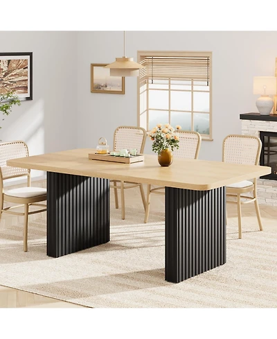 homfan 71-Inch Farmhouse Dining Table for 6-8, Wood Top with Black Fluted Wave Metal Legs