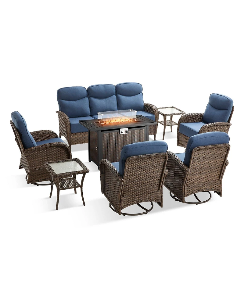 Pocassy 8 Piece Outdoor Furniture Set with 6-inch Cushions, Wicker Conversation Swivel Rocker Chairs and Ottomans, High Back