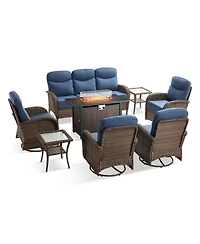 Pocassy 8 Piece Outdoor Furniture Set with 6-inch Cushions, Wicker Conversation Swivel Rocker Chairs and Ottomans, High Back