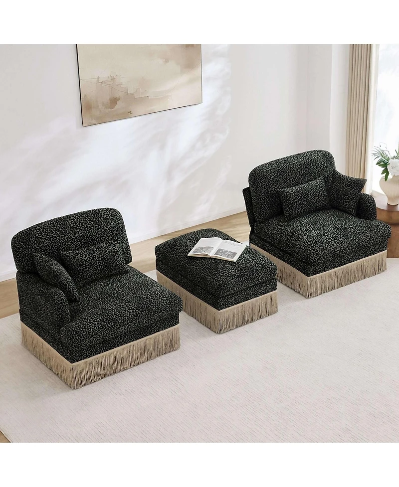Maison Boucle Deep Seat Loveseat Sofa with Movable Ottoman, Leopard Print Chenille, Tassel Skirt Trim, Easy Assembly