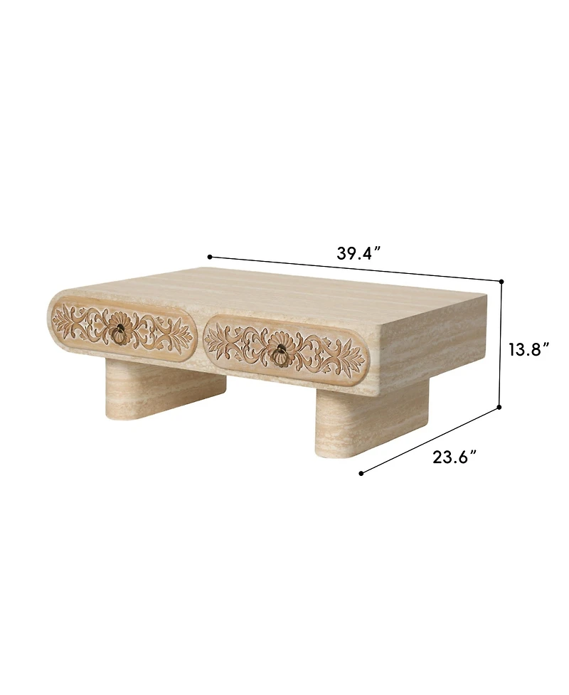 Clihome Modern Round Corner Coffee Table with Patterned Wood Drawer, Mdf Low Profile Accent Table