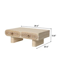 Clihome Modern Round Corner Coffee Table with Patterned Wood Drawer, Mdf Low Profile Accent Table