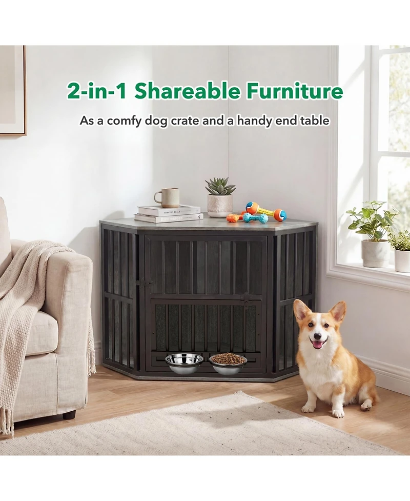 Ruie 35.5 Inch Wooden Dog Kennel End Table with 3 Position Bowl Rack